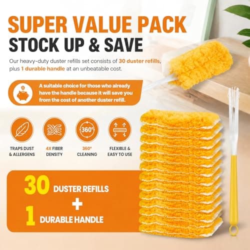 30 Count Duster Refills Kit fit for Swiffer Duster, 360° Heavy Duty Duster Refills, Disposable Microfiber Duster for Cleaning Home (30 Count Refills+1Handle) - Thumbnail 5