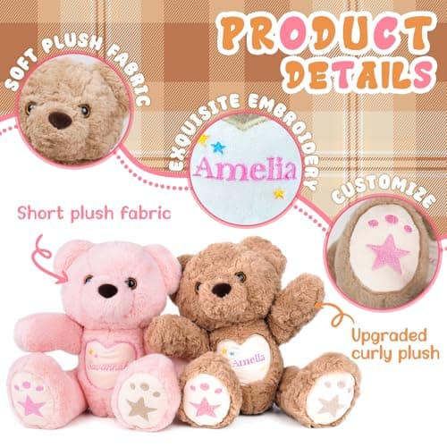 MYPHNEX Personalized Teddy Bear Stuffed Animal, Custom Bear Plush with Embroidered Name, Toys for 1 2 3 Year Old Baby Girls Boys, Customized Christmas Birthday Gifts for Infant Toddler Newborn (Bear) - Thumbnail 3