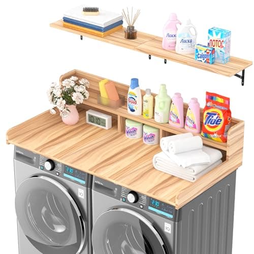Kikihouse Washer Dryer Countertop, Laundry Counter Top Over Machines, Washer Dryer Topper for Storage, 2 Tier Wood Shelf Topper with Storage Space for Small Apartment (Wood, 53.9 * 27.5 * 12) - Image 1