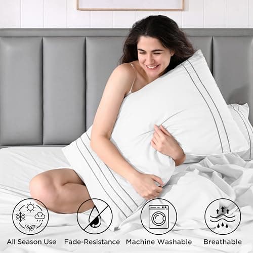 Baskbed Full Size 4 Piece Sheet Set with Embroidered Pillowcases, Ultra-Soft Microfiber Comfy Breathable & Cooling Bed Sheets, Deep Pocket Fitted Sheets and Hotel Luxury Cozy Flat Sheets, White - Thumbnail 6