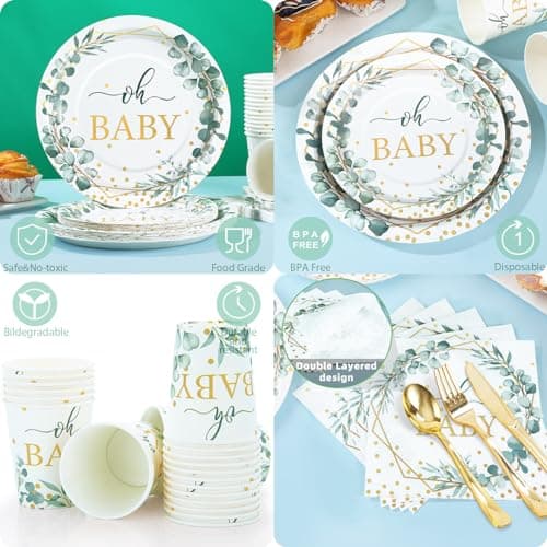 Gudvilla 140PCS Sage Green Baby Shower Decorations for Boy, Baby Shower Plates and Cups and Napkins Sets Serves 20, for Eucalyptus Boho Boy Neutral - Thumbnail 4