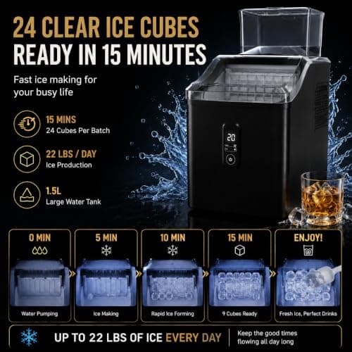 ELECVIVA Clear Square Ice Maker Countertop 22Lbs/Day, Crystal Ice Cubes - Thumbnail 4