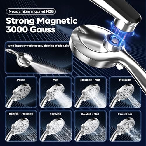 Rain Shower Head with Handheld,Dual Shower Head with Hose,Detachable 10" High Pressure Shower Head Combo with 9 Settings Shower Spray Built-in Magnetic Docking & Power Wash Mode (Chrome) - Thumbnail 2