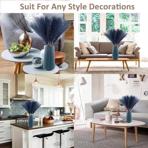 Acfruits Navy Blue Faux Pampas Grass Large Fluffy 27.6Inch Tall, 6Pcs Artificial Fake Flower Boho Decor Bulrush Reed Grass for Vase Filler Farmhouse Home Wedding Decor - Thumbnail 6