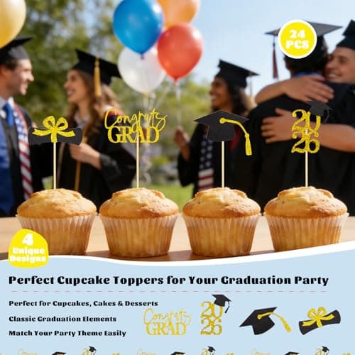 Oeyliz Graduation Cupcake Toppers 2026 Graduation Theme Cupcake Toppers Glitter 2026 Grad Cap Congrats Grad Diploma Cupcakes Toppers 24 PCS For 2026 Graduation Cake Decorations Supplies Gold - Thumbnail 2