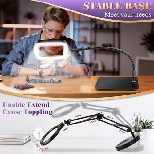 10X 30X Large Magnifying Glass with Light and Stand, 5-inch Lighted Magnifier, 72 LED 3 Color Modes Stepless Dimmable, Hands-Free Magnifying Glass Desk Lamp for Reading Craft Hobby Close Work - Thumbnail 3