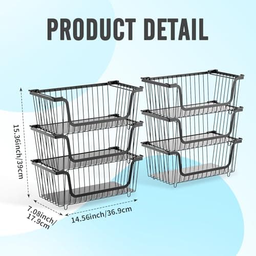 GAOKASE 6 Pcs Stackable Wire Baskets for Pantry Organizers and Storage,Vegetable Fruit Basket for Countertop,Kitchen Storage Metal Baskets,Produce Potato Onion Storage Bin,Black - Thumbnail 2