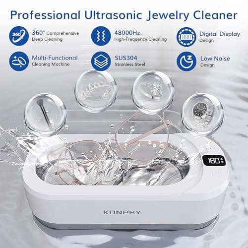 Upgraded KUNPHY Ultrasonic Jewelry Cleaner with 50ml Solution, 48KHZ, 12OZ Capacity, Ultrasonic Cleaner with 3 Digital Timer, Touch Control, Idea for Jewelry, Eyeglass, Rings, Diamond - Thumbnail 2