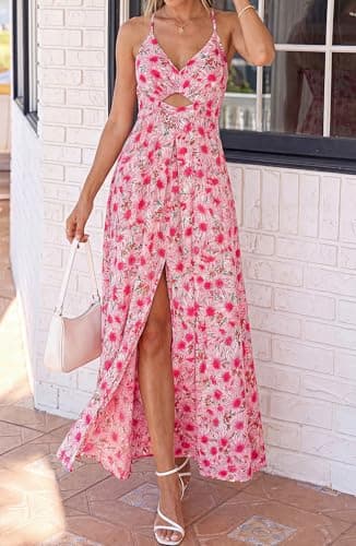 BTFBM Summer Dresses for Women 2026 Spring Floral Spaghetti Strap Smocked Cutout Maxi Dress Resort Beach Vacation Outfit(Floral Red, Medium) - Thumbnail 6