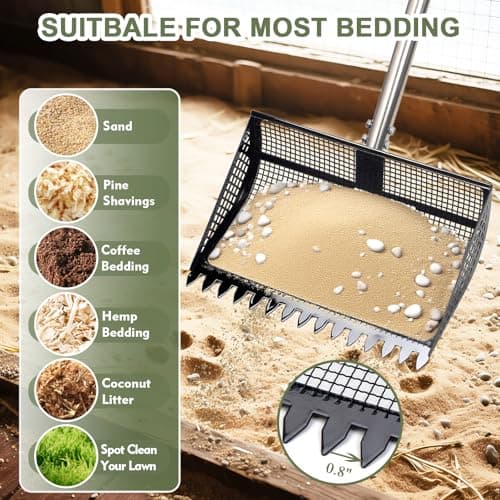 XOTTI 12 Inch Large Chicken Poop Scooper & Rake 2-in-1, Metal Chicken Coop Scoop with 36 to 75" Adjustable Stainless Steel Handle, Durable Sand Litter Sifting Shovel for Farm Animals - Thumbnail 6
