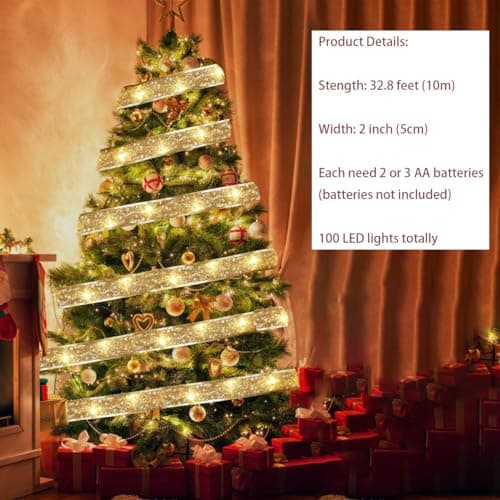 Christmas Tree Decorations Ribbon Lights, 32ft 100 LED String Lights, Battery-Powered Copper Wire Christmas Tree Ribbon Lights for Holiday Party Weddings Indoor Christmas Tree Decorations (Gold) - Thumbnail 3