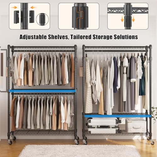 BATHWA Rolling Tall Garment Rack with 2 Rods & 3-Tier Adjustable Shelves, 35.5" W x 16.5" D x 80.7" H, Heavy Duty Clothes Hanging Racks Portable Wardrobe Closet Organizer for Bedroom, Laundry, Black - Thumbnail 6