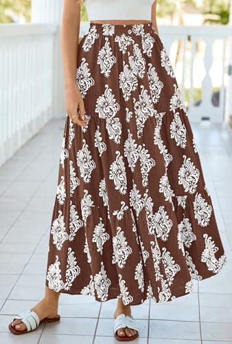 BTFBM Long Skirts for Women Summer 2026 Elastic High Waist Flowy A Line Casual Boho Tiered Floral Maxi Skirt Pockets(Brown White Flower, Large) - Thumbnail 4