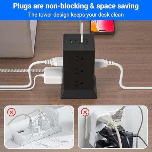 Power Strip Tower with Multiple Outlets, 10 Ft Extension Cord Flat Plug with 12 AC Outlets 4 USB Ports (2 USB C), Power Tower Surge Protector with Individual Switches for Home Office Dorm Room, Black - Thumbnail 5