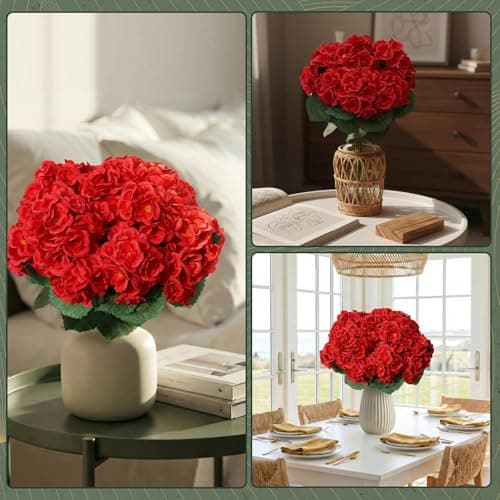 AMORISE 12 Bundles Artificial Geranium Flowers for Outdoor, Fake Silk Red Geraniums Flower, UV Resistant Look Real Faux Plants for Front Door Garden Porch Patio Balcony Yard Indoor Home, FF20, Red - Thumbnail 4