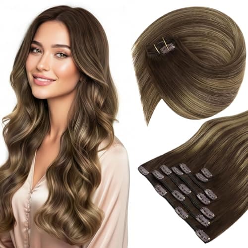 Sunny Hair Clip in Hair Extensions Real Human Hair 120g Remy Hair Clip in Extensions for Women Human Hair Extensions Medium Brown Balayage Caramel Blonde 18 Inch - Image 1