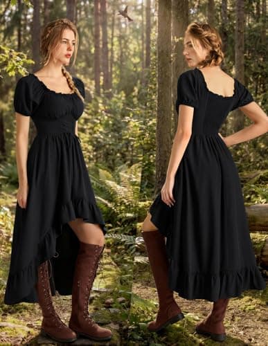 Renaissance Costume Women High Low Summer Corset Dress Black 2XL - Thumbnail 3