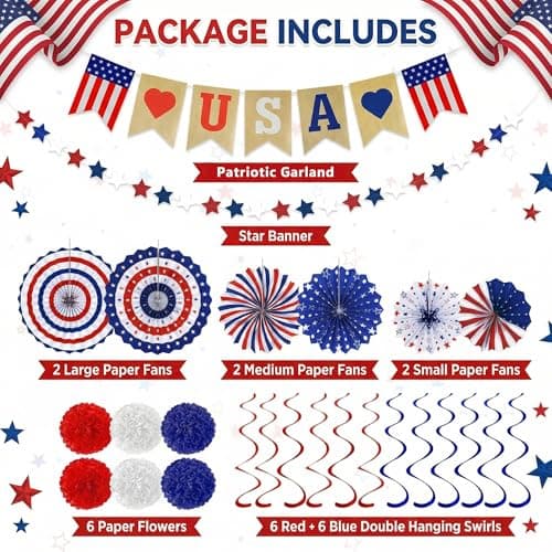 4th of July Decorations - 26 PCS Patriotic USA Banner Star Streamer Paper Fans Hanging Swirls Pompoms Set for Memorial Day | 250th Anniversary America Merchandise Accessories for Indoor Outdoor Home - Thumbnail 3
