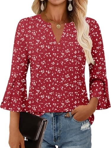 GKBK Women's Blouses Ruffle 3/4 Sleeve Dressy Top V Neck Casual Tunic Blouses Business Shirts Red XL - Image 1
