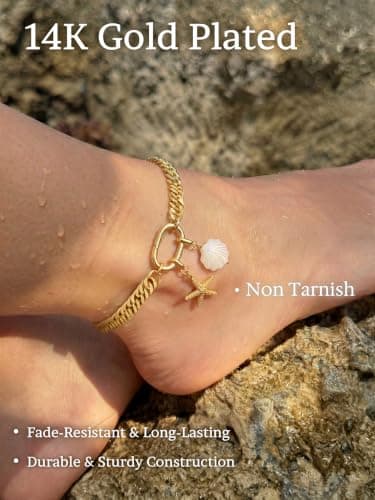 CTEEGN Anklets for Women Waterproof, 14K Gold Plated Anklet, Gold Ankle Bracelet for Women with Removable Starfish Seashell Charms, Cuban Link Anklet for Big Ankles, Non Tarnish Summer Beach Jewelry - Thumbnail 4