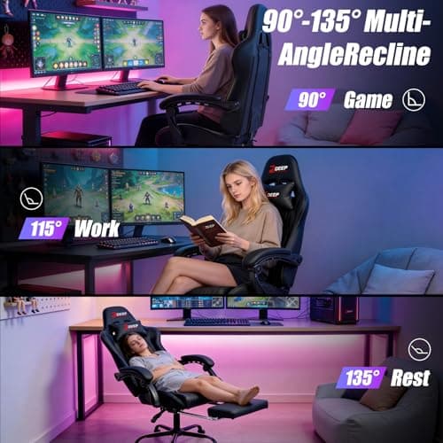 DEEPfurniture Gaming Chair with Footrest, Ergonomic Game Chair with Lumbar Support and Linkage Armrest, Reclining Computer Chair Height Adjustable for Home Office Father's Day(1001-Black) - Thumbnail 5