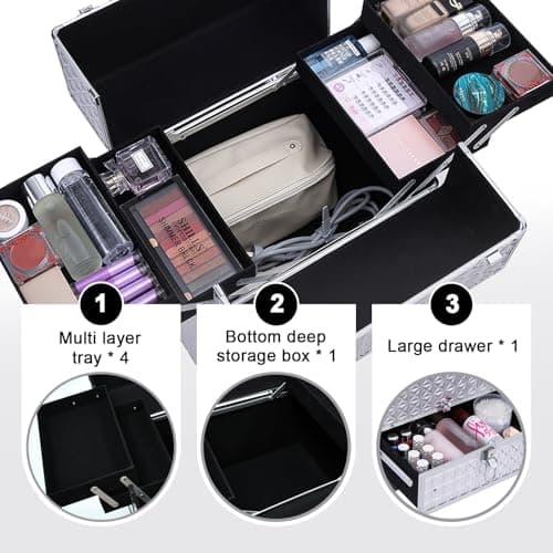 Rolling Makeup Case,Professional Cosmetology Case on Wheels,Large Cosmetic Organizer Train Case,Makeup Travel Case with Draws & Swivel wheels Nail Tech Salon Storage Traveling Cart Trunk,Silver - Thumbnail 4