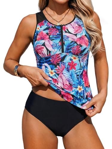 ZAFUL Tankini Swimsuits for Women Tummy Control Bathing Suit Two Piece Swimsuits Sporty Swim Top with High Waisted Bottom Red Blue Leaf XXL - Image 1