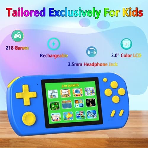 TEBIYOU Handheld Games for Kids Built-in 218 Video Games, Portable Kids Travel Toys for Ages 4-13 with Rechargeable Battery 3.0" HD Screen, Mini Gaming Player Birthday Gifts for Boys Girls (Blue) - Thumbnail 2
