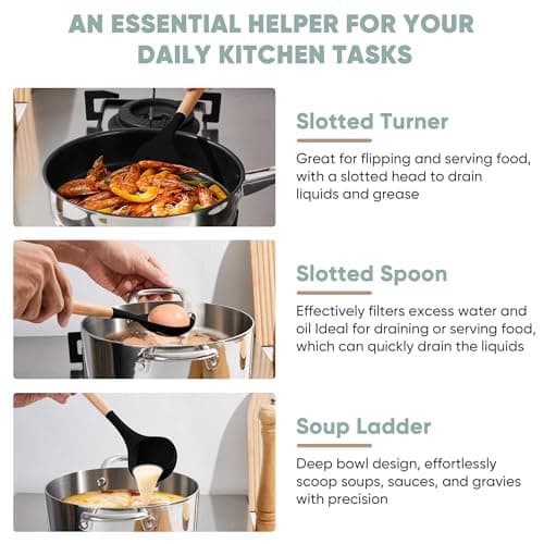 Herogo 5-Piece Cooking Utensils Set, Silicone Kitchen Utensils Set with Wooden Handle, Heat Resistant Cooking Tools Slotted Turner, Spoon, Soup Ladle, Spatula, Spoonula for Nonstick Cookware, Black - Thumbnail 4