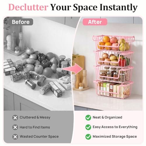 SUNALLY Stackable Storage Bins 6 Pcs Wire Baskets for Pantry Organizers and Storage, Vegetable Fruit Storage Basket for Countertop Organizer,Kitchen Storage Baskets for Onion Potato Snack,Pink - Thumbnail 6
