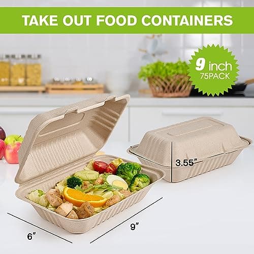 ECOLipak 75 Pack Clamshell Take Out Food Containers, 100% Compostable To Go Containers Disposable, 9X6 inch Heavy-Duty To Go Boxes, Eco-Friendly Biodegradable To Go Containers For Food - Thumbnail 2