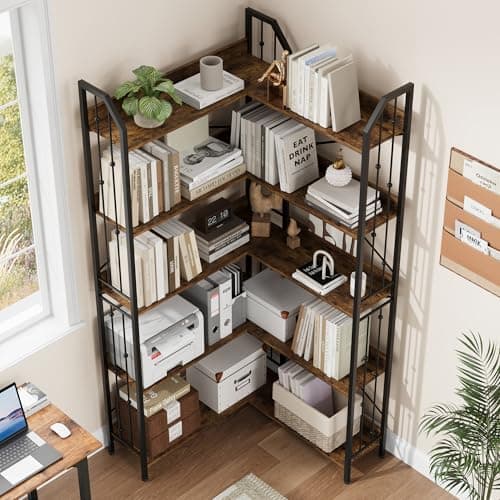 GarveeHome Corner Bookshelf 72" L Shaped Bookcase, Corner Bookshelves Industrial Bookcase 5 Tier L-Shape Bookshelf, Large Bookcases with Beaded Design Tall Display Rack Shelf for Living Room Bedroom - Thumbnail 4