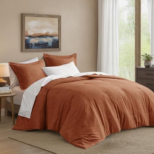 Regency Heights Full Size Comforter Set, Lightweight 7 Pieces Burnt Orange Bed in a Bag All Season Chambray Print Bedding Set Ultra Soft Comforter, Farmhouse Sheets, Pillowcase & Sham