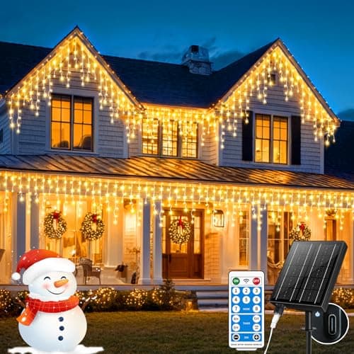 LairtPOW Solar Powered Icicle Lights Outdoor Christmas - 660LED 66+16FT Icicle String Lights with Remote, 8 Modes, Timer, IP65 Waterproof. Rechargeable Battery for Porch, Roof, Xmas (Warm White) - Image 1