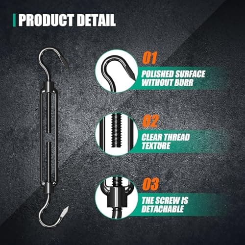 PROWIN 4PCS M6 Premium Stainless Steel Hook & Hook Turnbuckle, Black Turnbuckle for Wire Rope Tension, Shade Sail Hardware, Sun Shade Tent Installation - Thumbnail 2