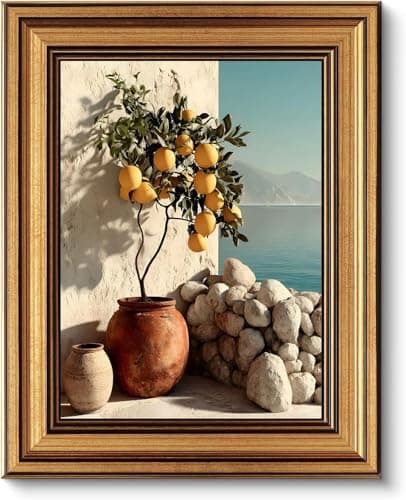 Gold Framed Wall Art, Vintage Mediterranean Lemon Tree Canvas Prints, Coastal Summer Picture Wall Decor, Rustic Italian Landscape Artwork for Kitchen, Living Room, Dining Room 9x11 inch - Image 1