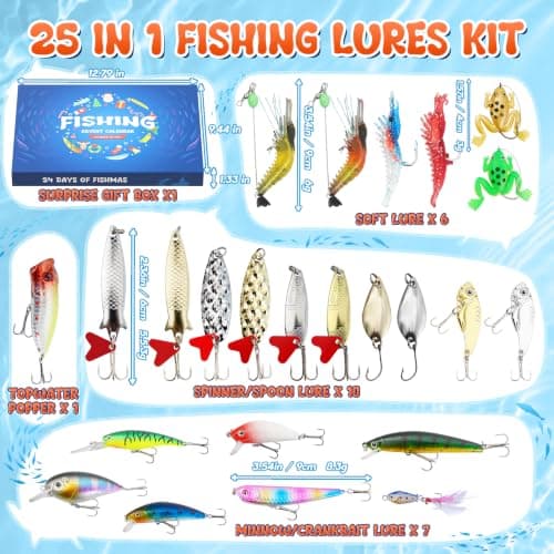 25 in 1 Fishing Lures Kit, Surprise Fishing Bait Set with Poppers, Minnows, Crankbait, Frogs & Shrimp, Freshwater Fish Tackle Gear Gifts for Men Father Husband - Thumbnail 2