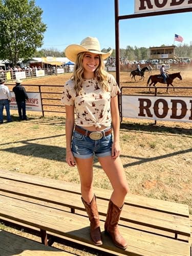 Women's Western Graphic Tees Summer Short Sleeve Rodeo T Shirts Crew Neck Casual Cute Cowgirl Tops Outfits Khaki - Thumbnail 6