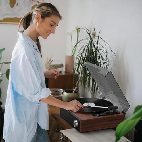 Bluetooth Vinyl Record Player with Speakers, Hi-Fi Belt-Drive Turntable for Vintage Music Lovers, 3-Speed Retro Record Player with Auto-Stop, Stable Tonearm & Premium Sound – Ideal Home Audio & Gifts - Thumbnail 2