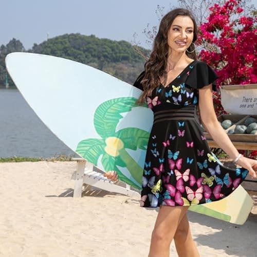 Swim Dress for Women Swimwear Vintage Tummy Control Swimsuits Swimdress with Shorts Butterfly - Thumbnail 6