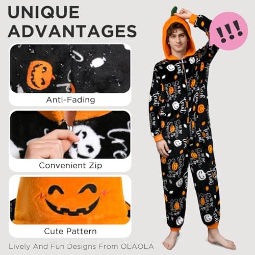 OLAOLA Halloween Family Matching Pajamas Pumpkin Trick or Treat Sleepwear Flannel Holiday Onesie Hooded Novelty Pjs - Thumbnail 5