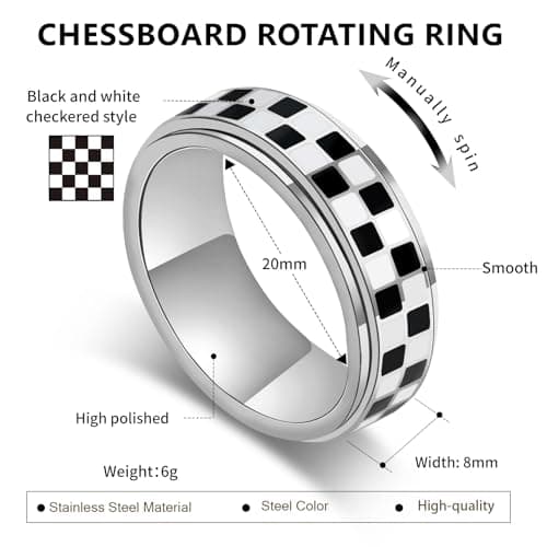 Checkerboard Fidget Ring for Men - 8mm Black and White Checkered Anxiety Spinner Jewelry for Adults, Stainless Steel Roating Ring for Stress Relief, Modern Jewelry Gift for Men Women (Silver, 8) - Thumbnail 6