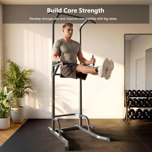 Power Tower Pull Up Dip Station with Stable Splayed H-Shaped Base, 440 lbs Capacity, Adjustable Height - Thumbnail 3