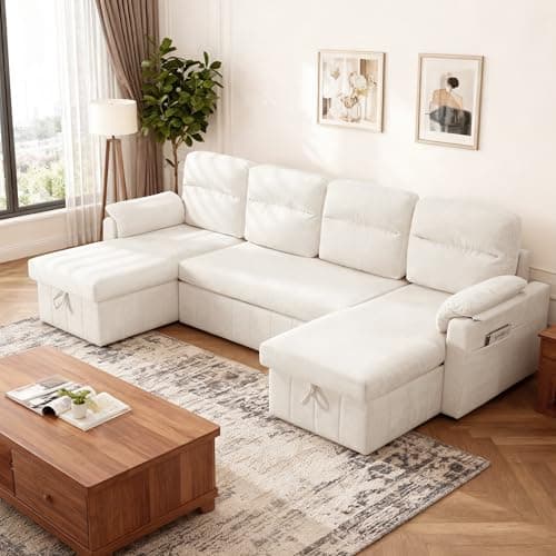 Tbfit 108'' Pull Out Sofa, Cloud Sleeper Sofa Bed with USB & 2 Storage Chaises, Comfy Oersized U Shaped Convertible Sectional Sleeper Couches for Living Room, Apartment, Office, White Sherpa