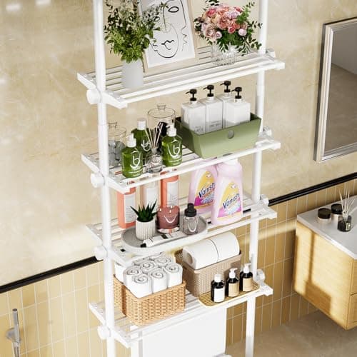 Bonpally Over The Toilet Storage Shelf, 4-Tier Adjustable Bathroom Organizer, No Drill Tension Mounted Shelves Metal, Space-Saving Bathroom Cabinet Rack Above Toilet for Small Bathroom Rooms, White - Thumbnail 3