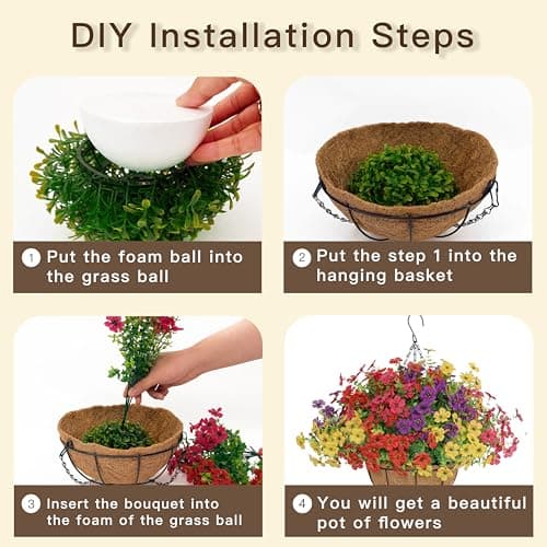 Senjie 12 Bundles Artificial Hanging Flowers with Basket for Outdoor Decor, UV Resistant Faux Flowers Fake Hanging Planter for Porch Patio Balcony - Thumbnail 6