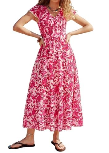 Floral Maxi Summer Outfits for Women, Casual Cap Sleeve Easter Dresses Beach Sundress, Smocked Long Flowy Wedding Guest Dress - Image 1