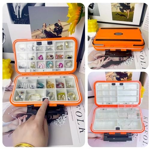 Multi-compartment portable jewelry folding box, for rings, necklaces, hairpins, travel jewelry box case, sewing needles and threads, fishing tackle organization ((Orange (30 spaces))) - Thumbnail 4