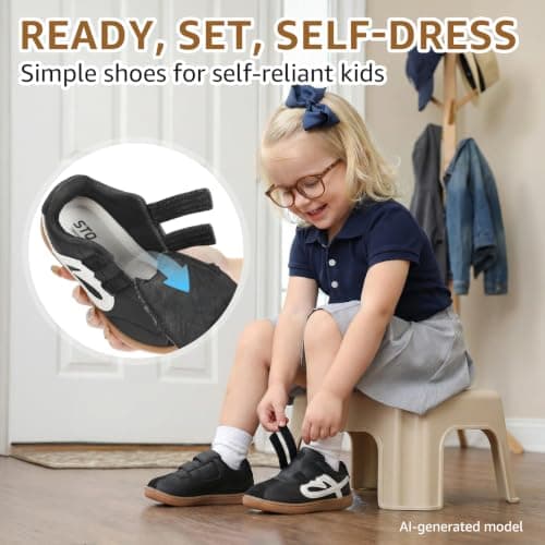 STQ Toddler Girls Sneaker Wide Toe Box Non Slip Barefoot Shoe Comfortable Walking Shoes with Hook and Loop Graphite Black Infant 3 - Thumbnail 6