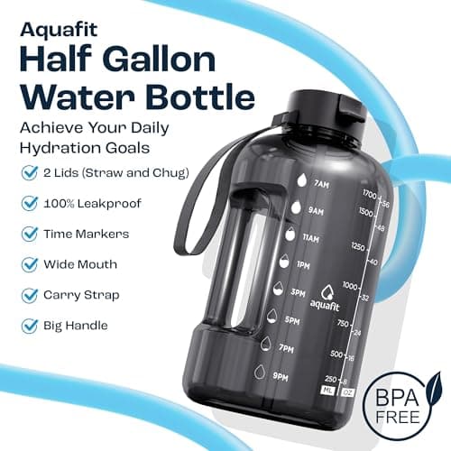AQUAFIT 64 oz Water Bottle with Time Marker - Straw & Chug Lid - BPA Free Half Gallon Gym Water Bottle with Handle - Big Gallon Jug (White, 64 Ounces) - Thumbnail 2